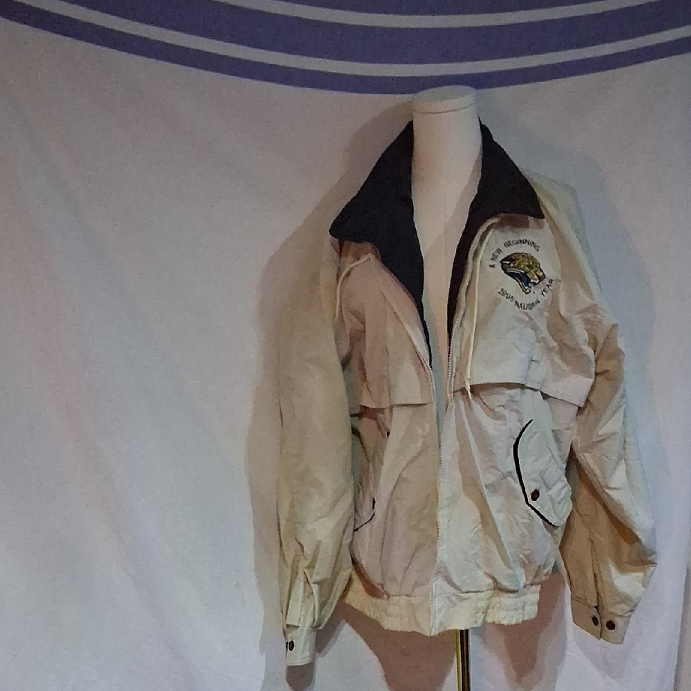 Beige Jacket with Black Trim and Embroidered Patch A NEW BEGINNING 1995 INAUGURA